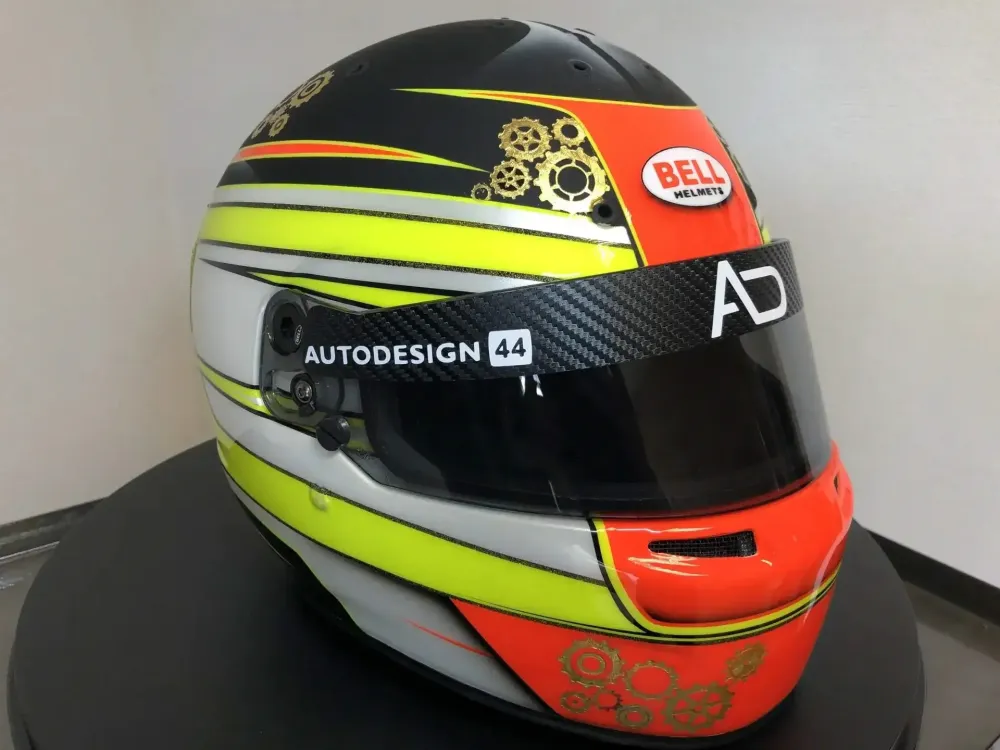 Casque karting – Fluo mat brillant & feuilles d’or (33)